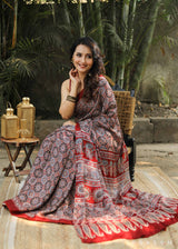 Cherry Maze Red Ajrakh Modal Silk Saree Prasam crafts