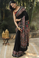 Kaala Ajrakh Silk Modal Saree Prasam Crafts
