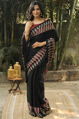 Kaala Ajrakh Silk Modal Saree Prasam Crafts