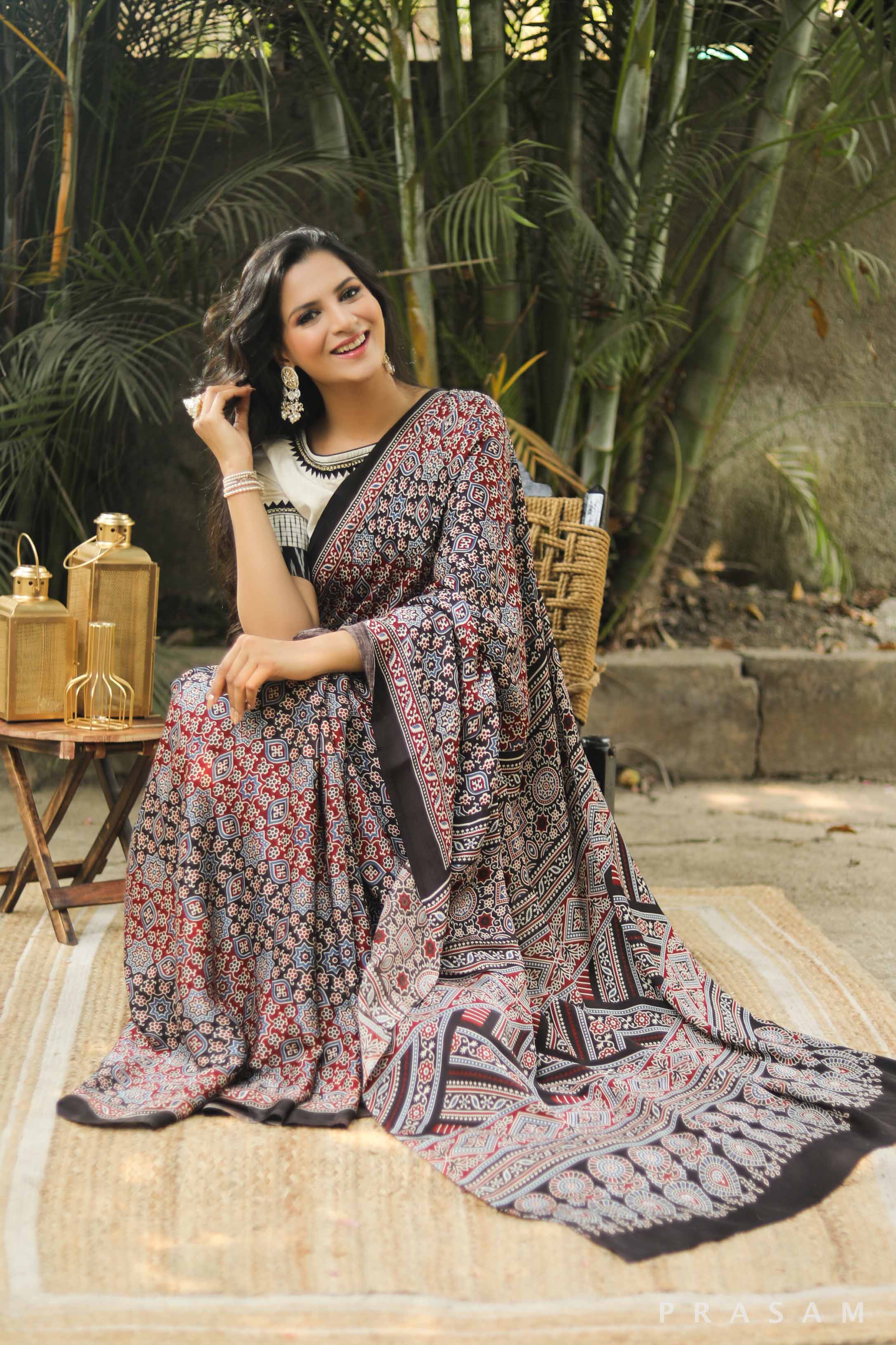 Paced Patterns Ajrakh Silk Modal Saree Prasam Crafts