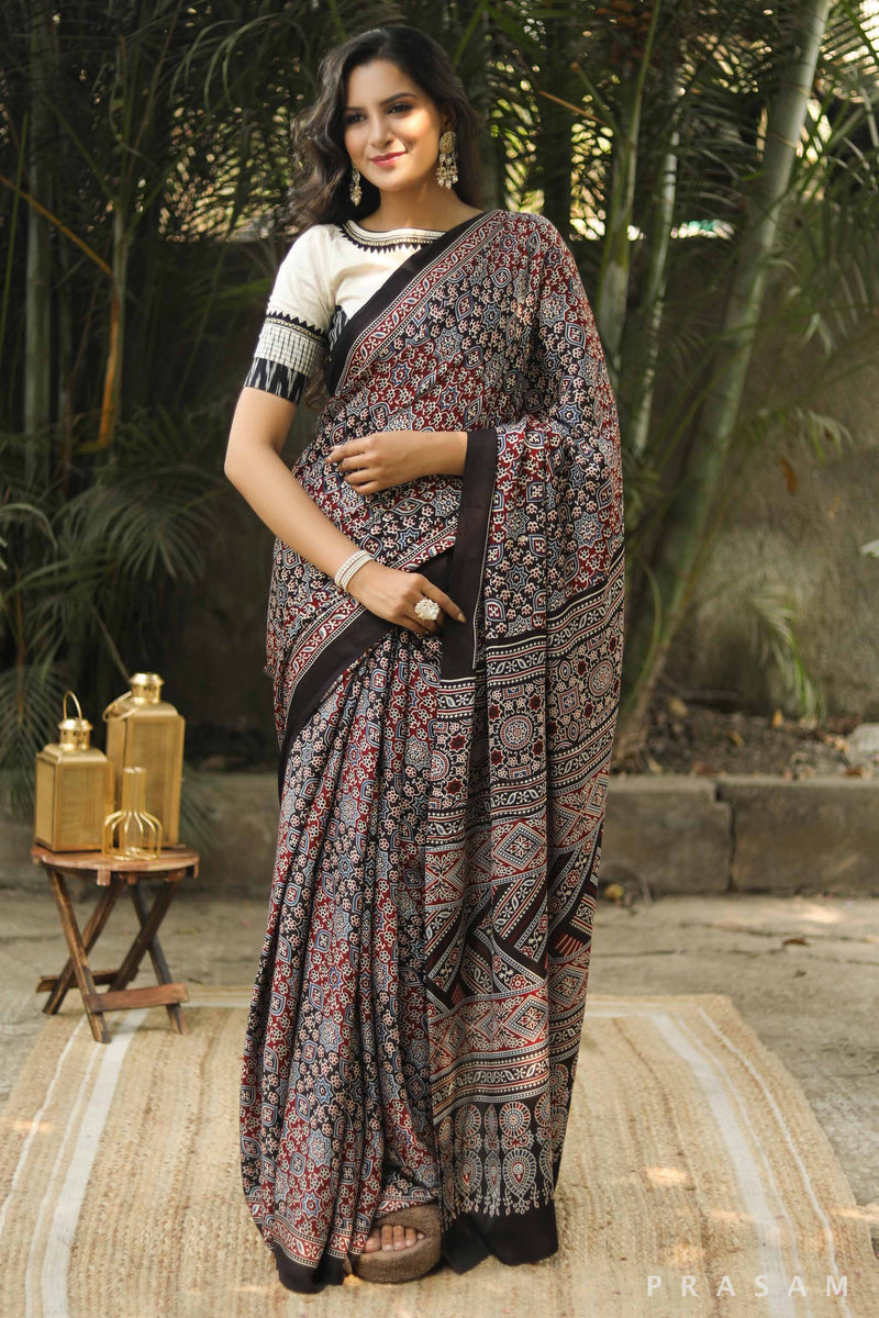 Paced Patterns Ajrakh Silk Modal Saree Prasam Crafts