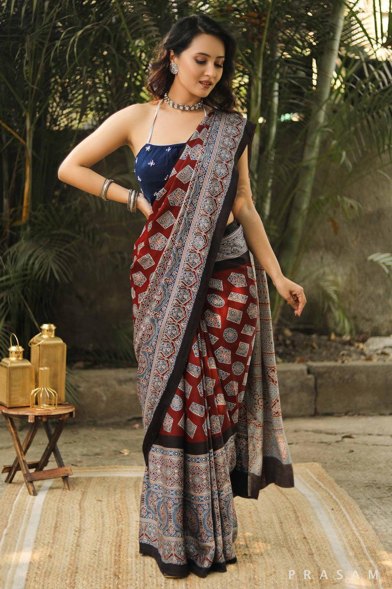 Float Frame Ajrakh Silk Modal Saree Prasam Crafts