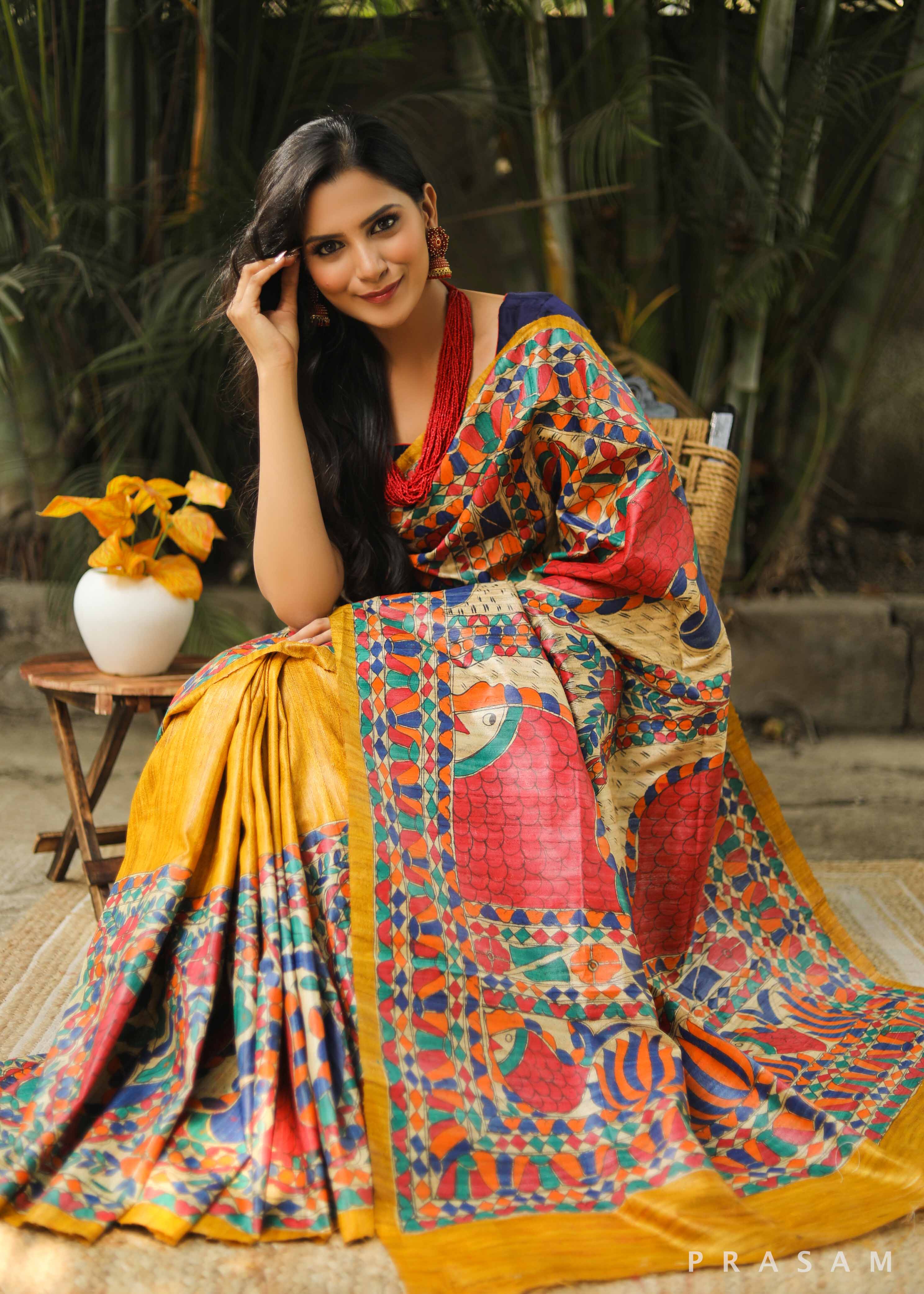 Sunrise Stipple Handmade Madhubani Tassar Silk Saree