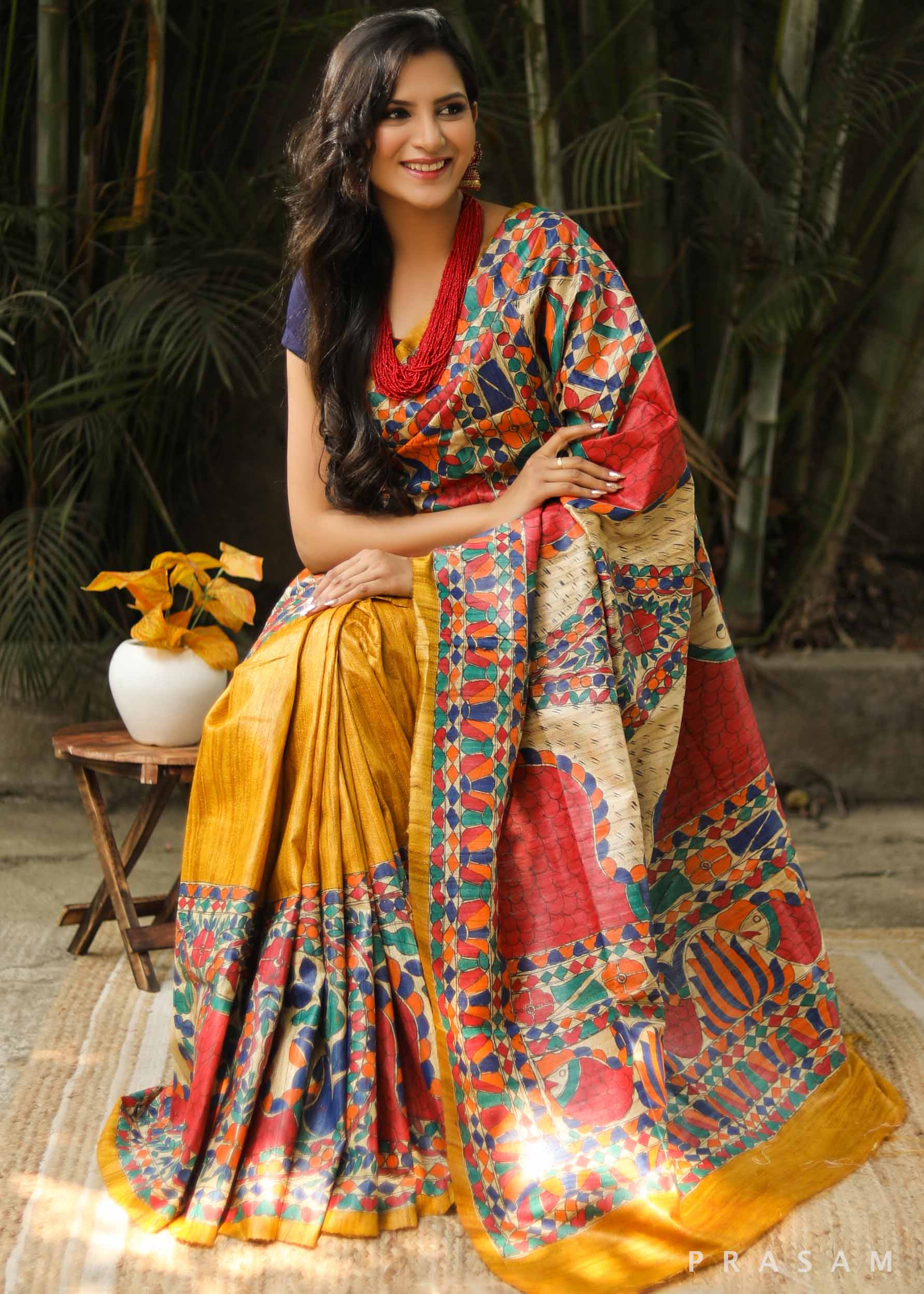 Sunrise Stipple Handmade Madhubani Tassar Silk Saree