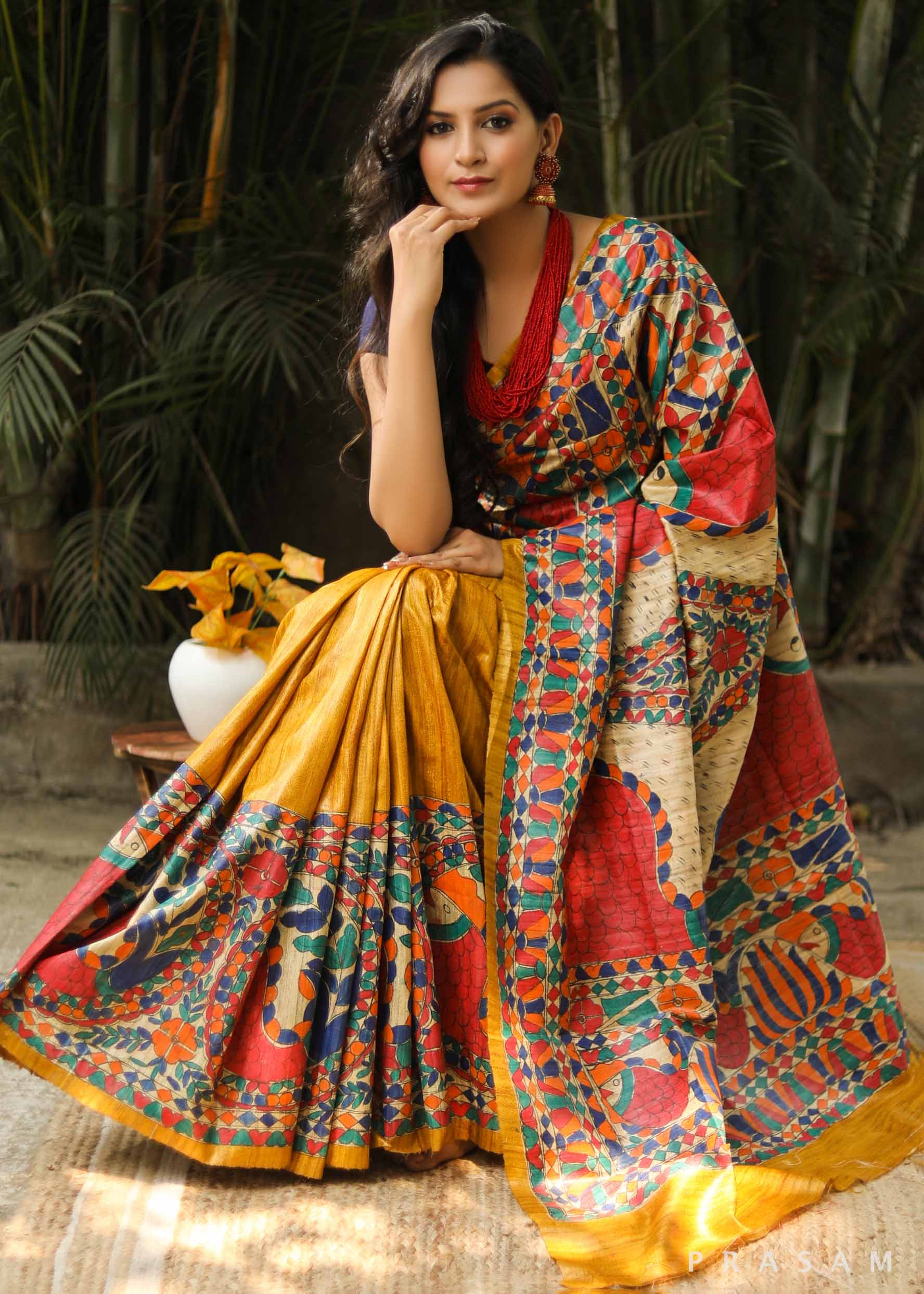 Sunrise Stipple Handmade Madhubani Tassar Silk Saree