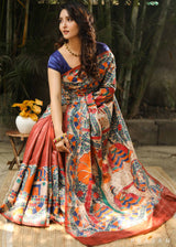 Folktale Florals Handmade Madhubani Tassar Silk Saree