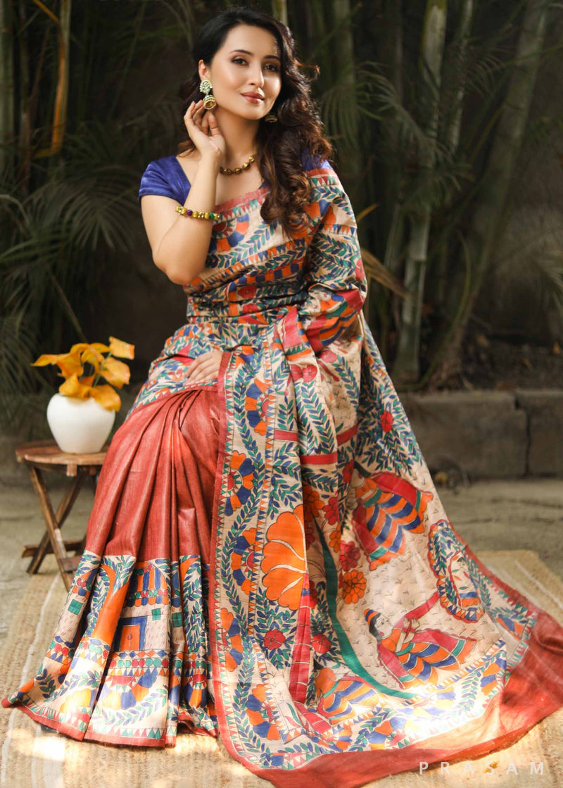 Folktale Florals Handmade Madhubani Tassar Silk Saree