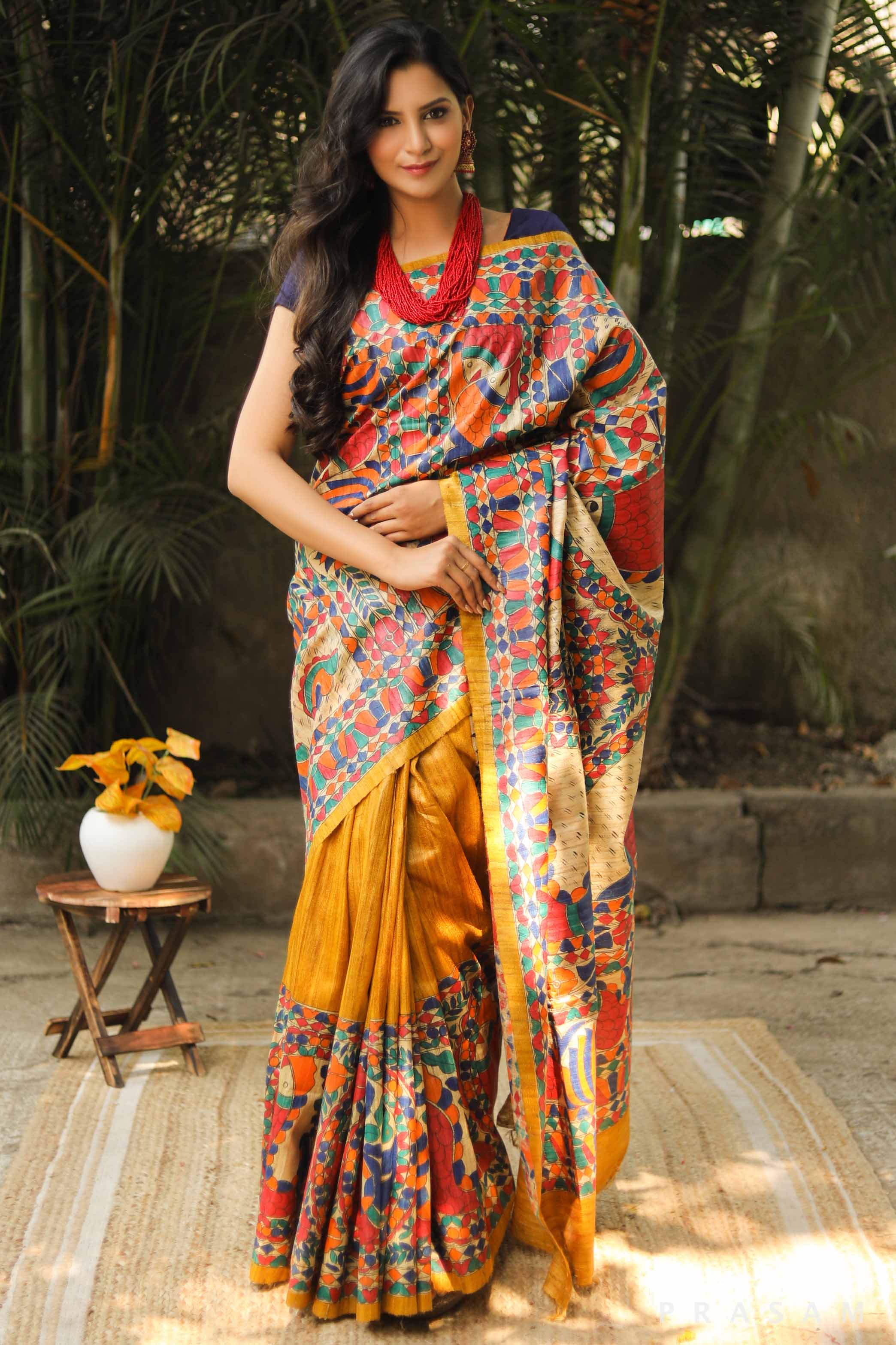 Sunrise Stipple Handmade Madhubani Tassar Silk Saree