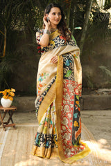 Paint a Tale Handmade Kalamkari Tassar Silk Saree Prasam Crafts