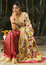 Fresh Florals Handmade Kalamkari Tassar Silk Saree Prasam Crafts