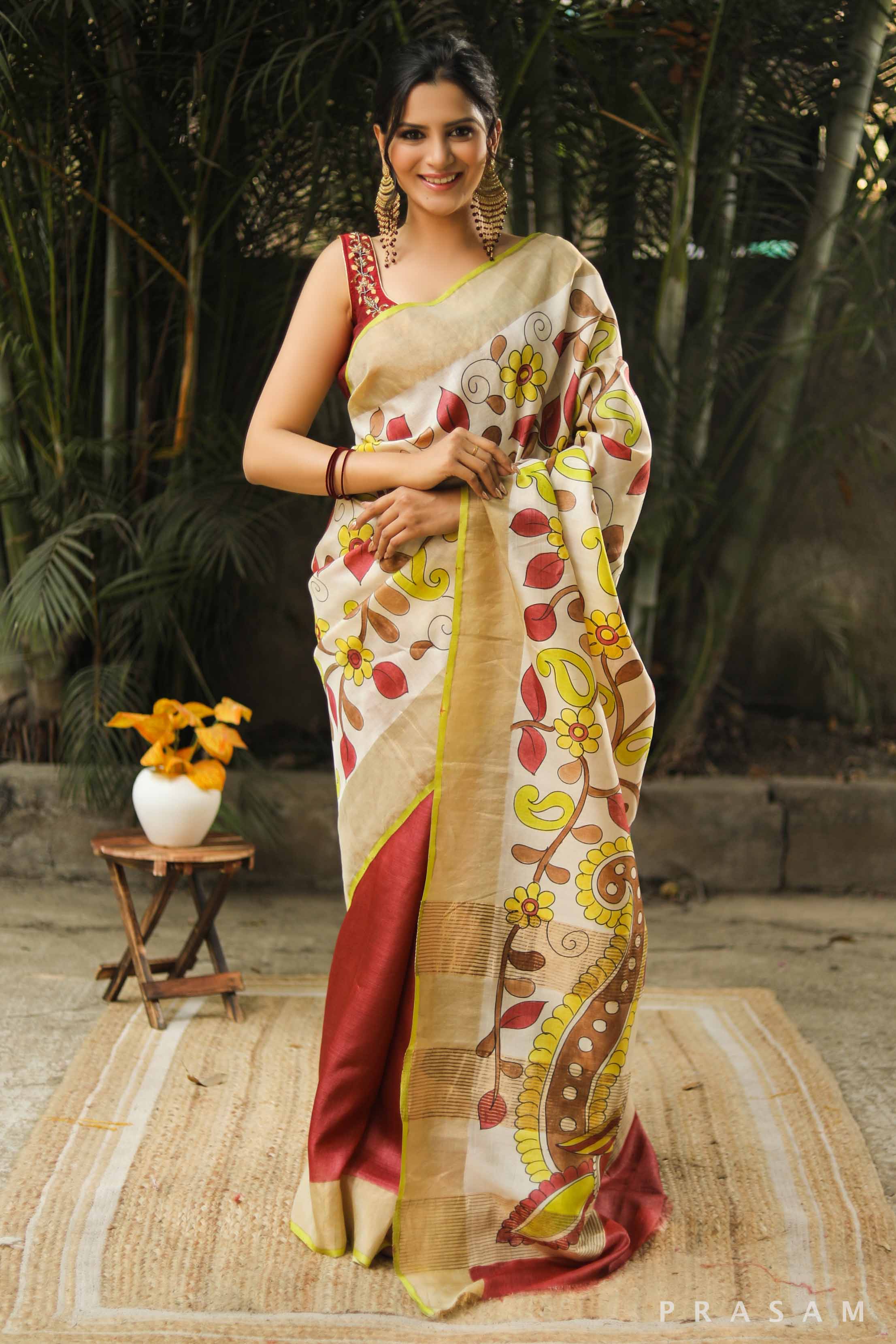 Fresh Florals Handmade Kalamkari Tassar Silk Saree Prasam Crafts