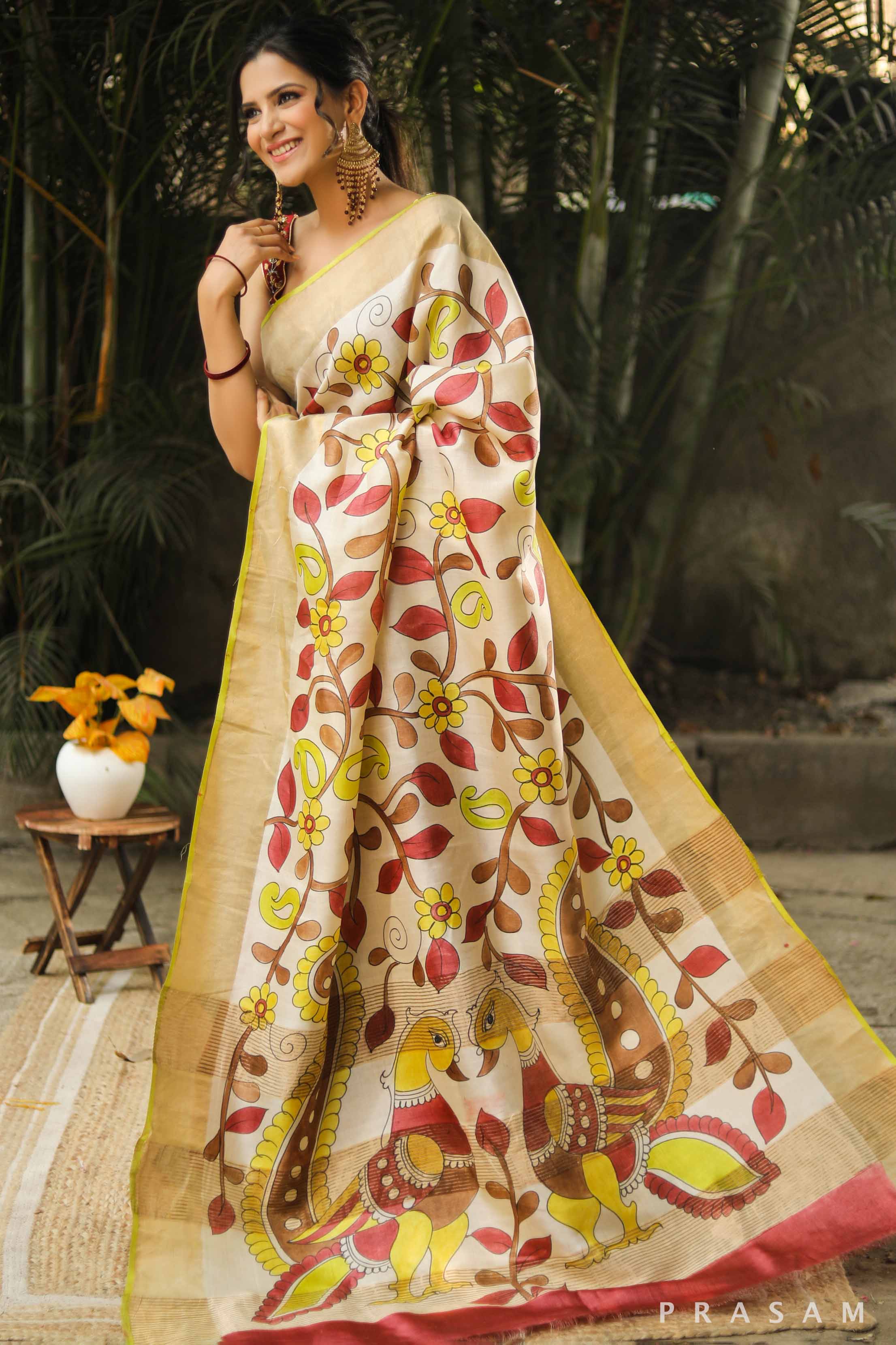 Fresh Florals Handmade Kalamkari Tassar Silk Saree Prasam Crafts