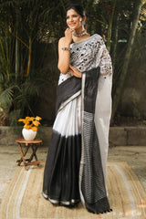 Chalk Black French Knot Linen Hand Embroidery Saree