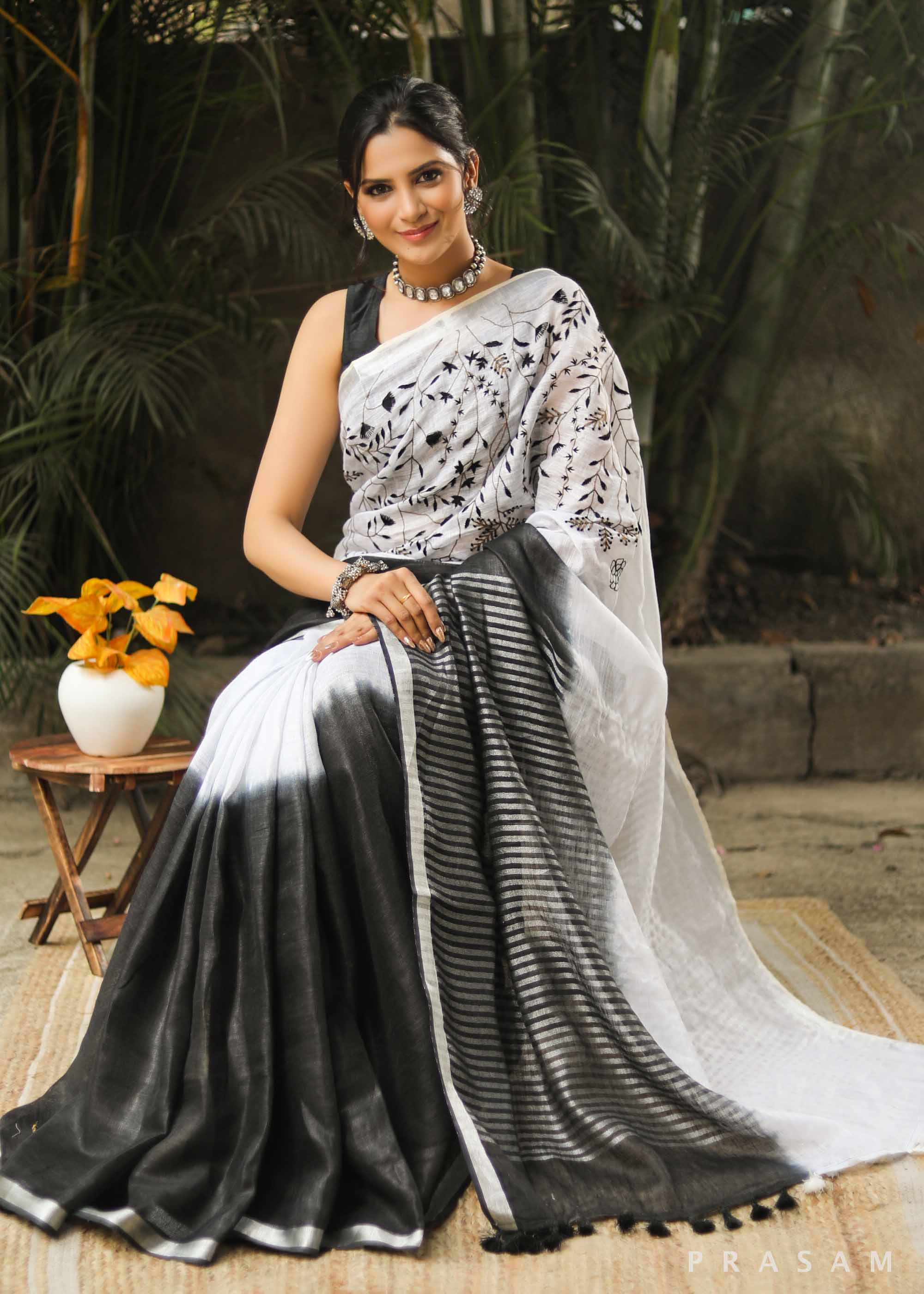 Chalk Black French Knot Linen Hand Embroidery Saree