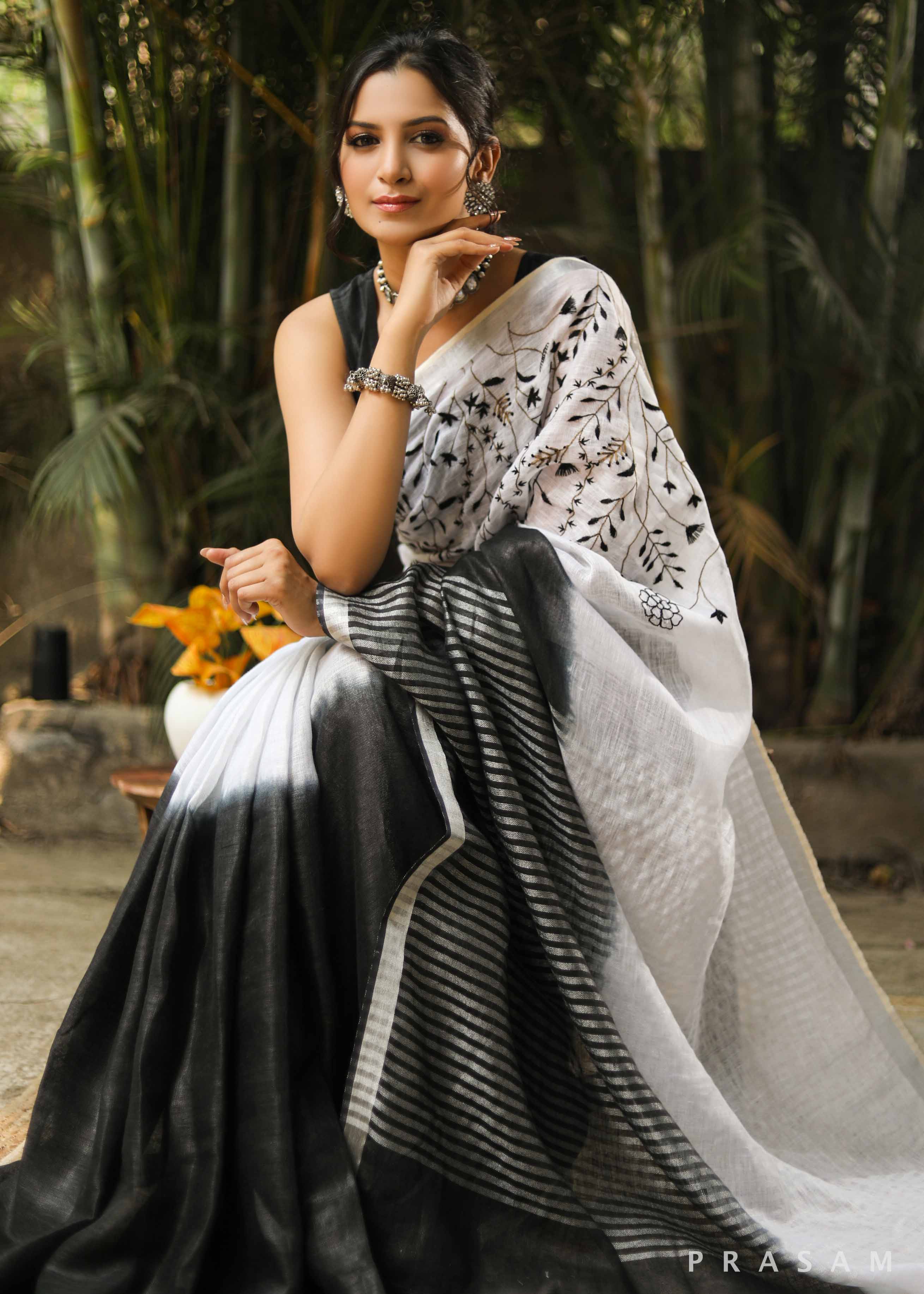 Chalk Black French Knot Linen Hand Embroidery Saree