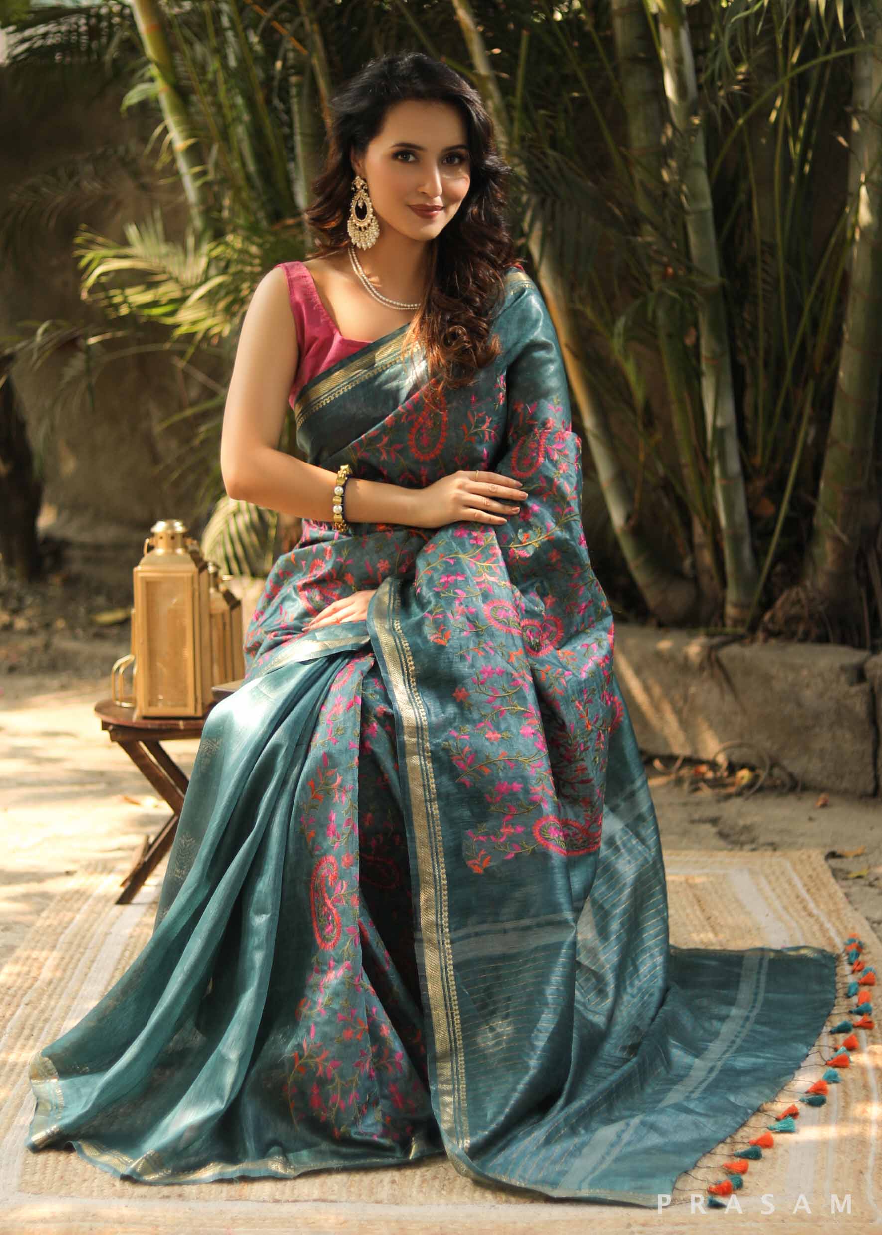 Floral Hack Linen Silk Embroidery Saree Prasam Crafts