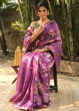 Pansy Purple Linen Silk Embroidery Saree Prasam Crafts