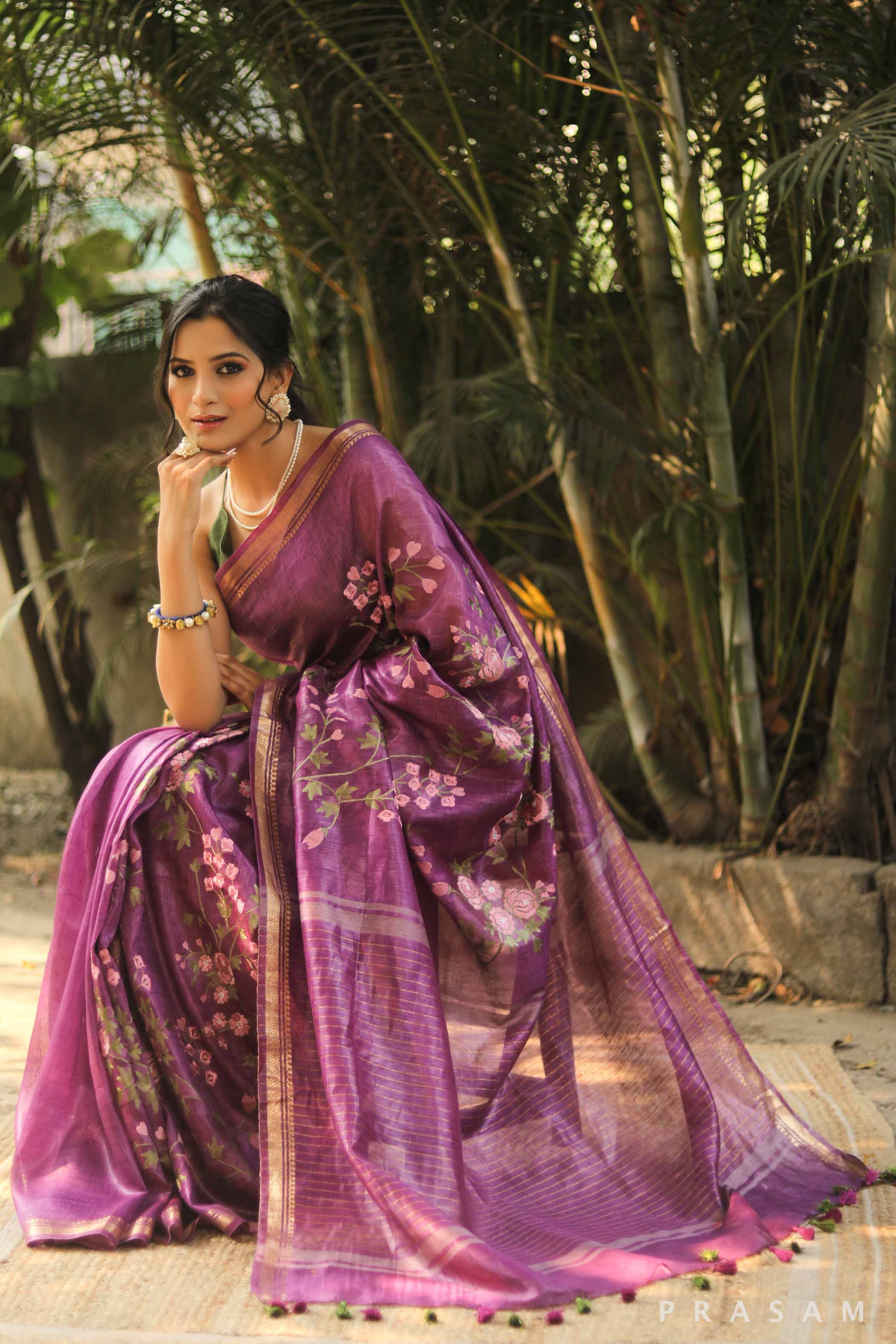 Pansy Purple Linen Silk Embroidery Saree Prasam Crafts