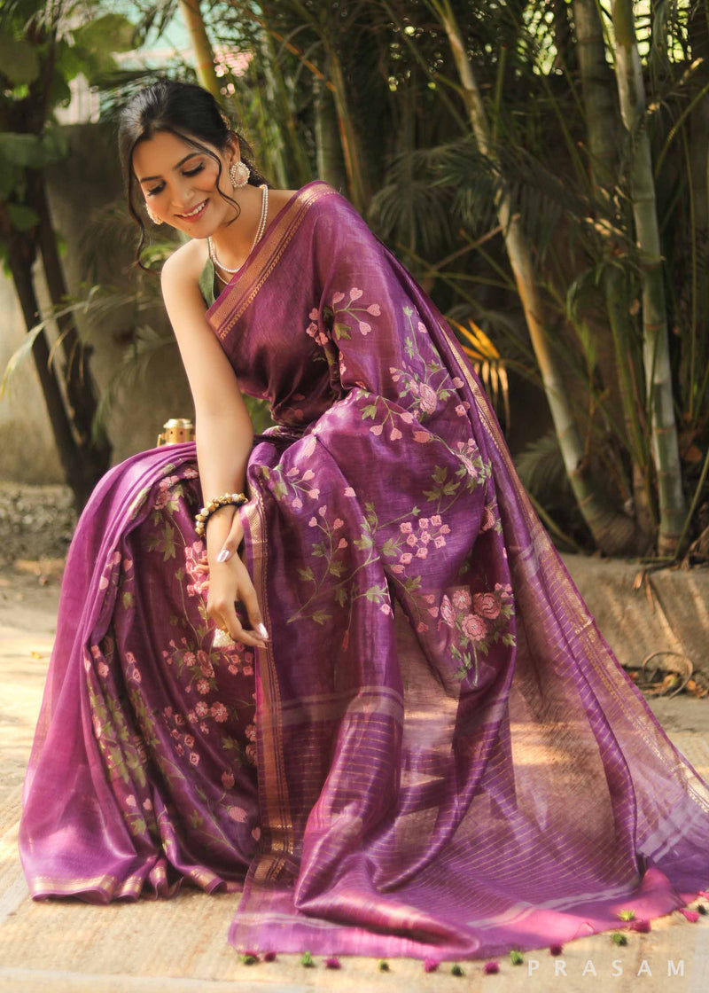 Pansy Purple Linen Silk Embroidery Saree Prasam Crafts