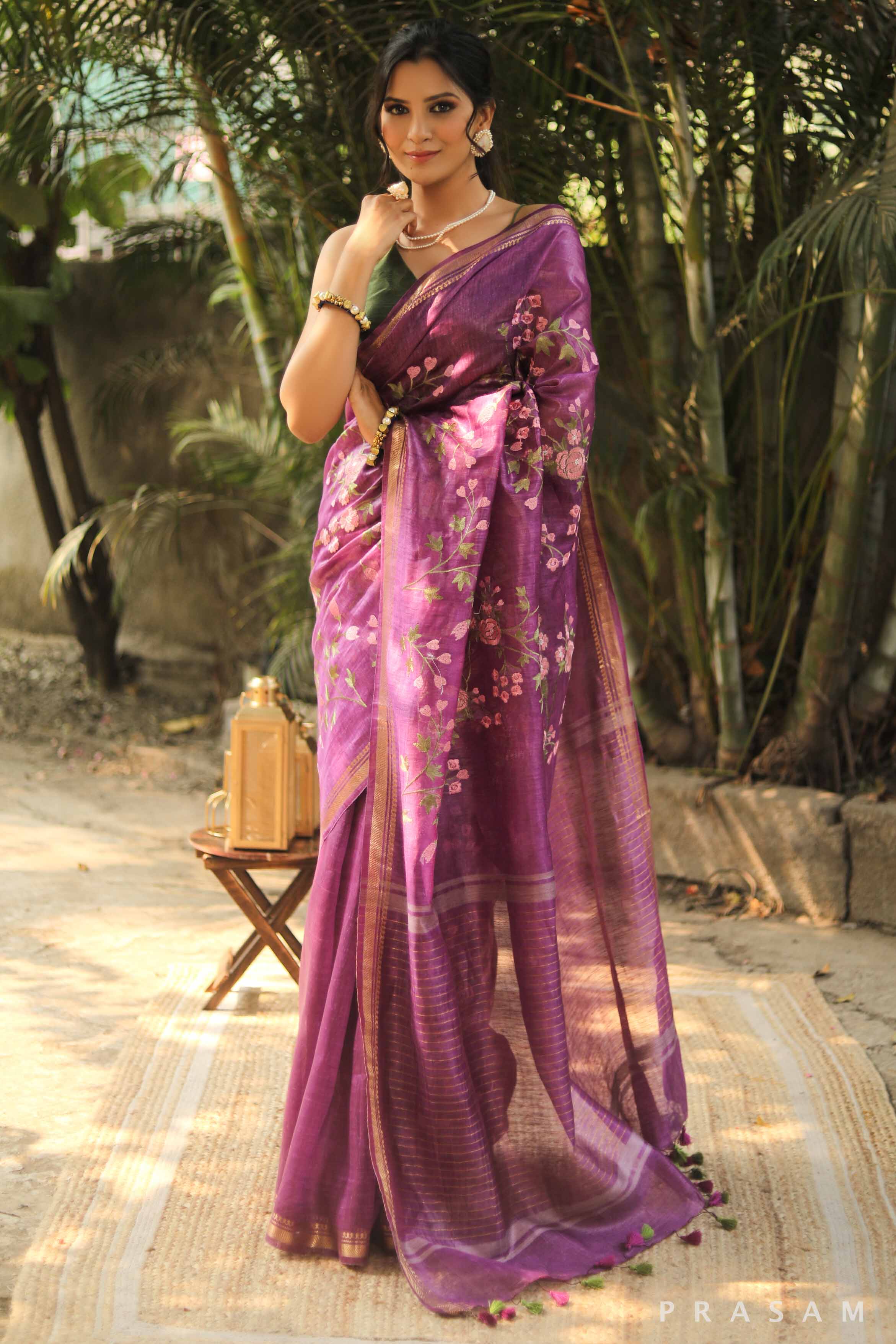 Pansy Purple Linen Silk Embroidery Saree Prasam Crafts