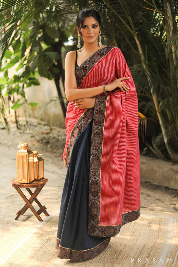 Playful Patch Cotton and Chanderi with Ajrakh Border Saree Prasam Crafts
