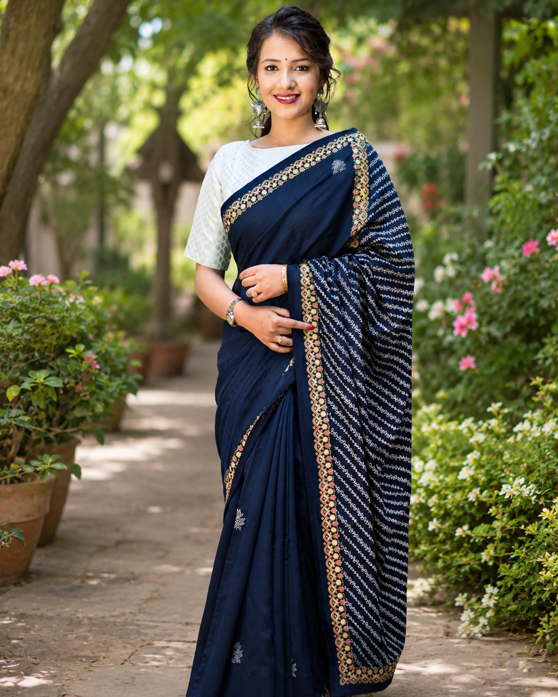 Nautical Tides-Silk Modal Block Print Saree
