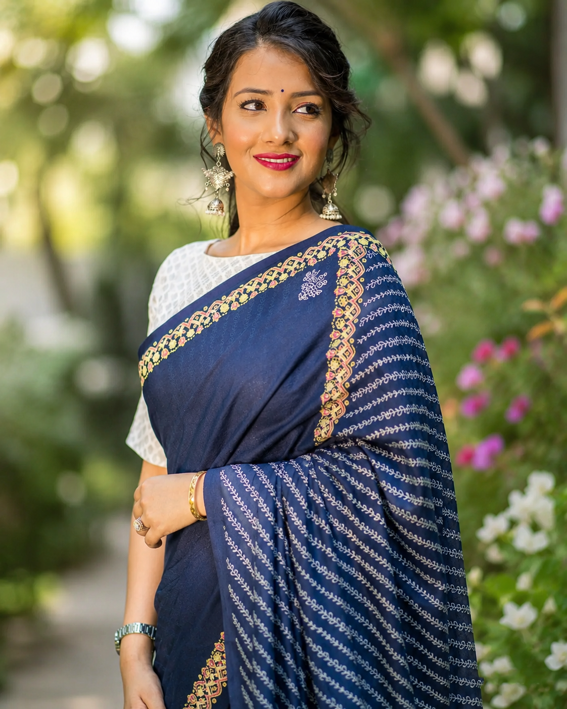 Nautical Tides-Silk Modal Block Print Saree