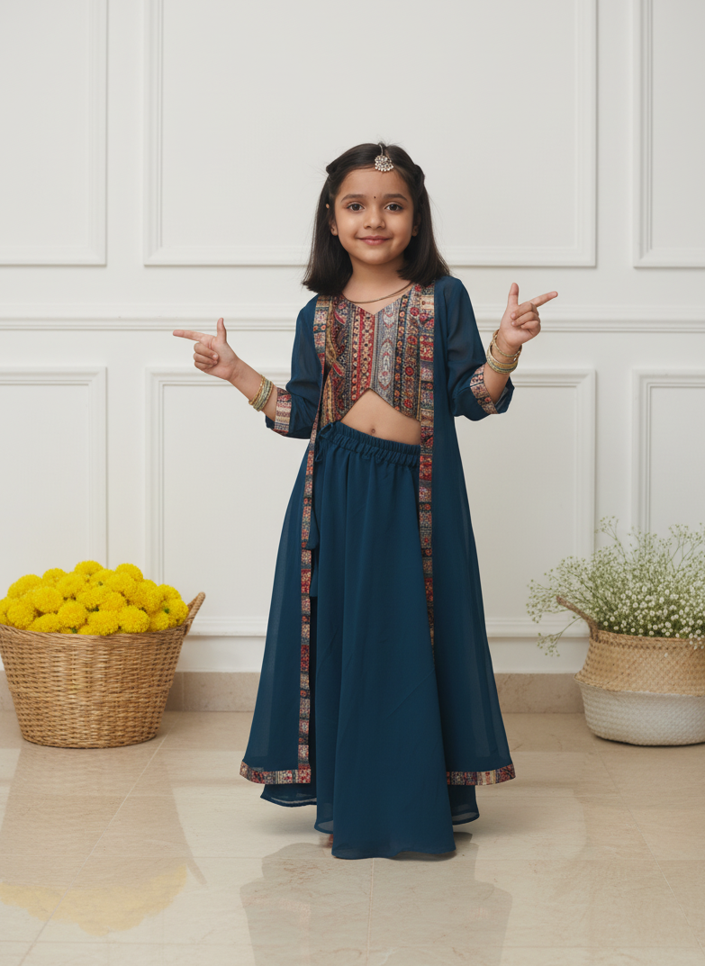 Celebrate comfort and charm with our handcrafted fusion set — featuring a printed chanderi top, flowy georgette skirt, and matching jacket. ✨
Soft, lightweight &amp; festive — designed for twirls, joy, and all-day elegance.
