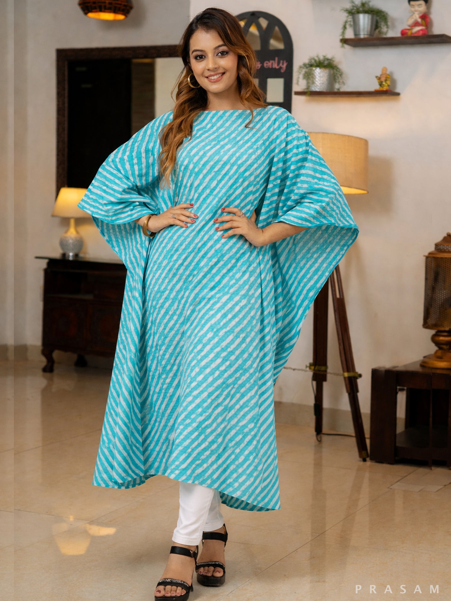 Nyra Aqua Leheriya Kaftan Dress