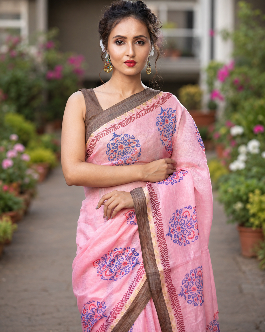 Pink And Blue Tunes-Linen Block Print Saree