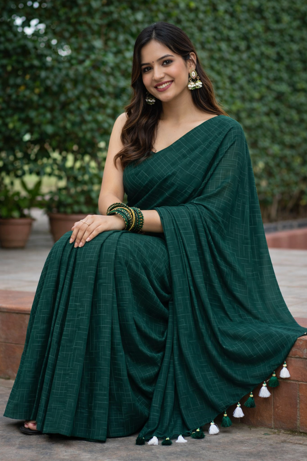 Playful Emerald -Handwoven Cotton saree with Tassels