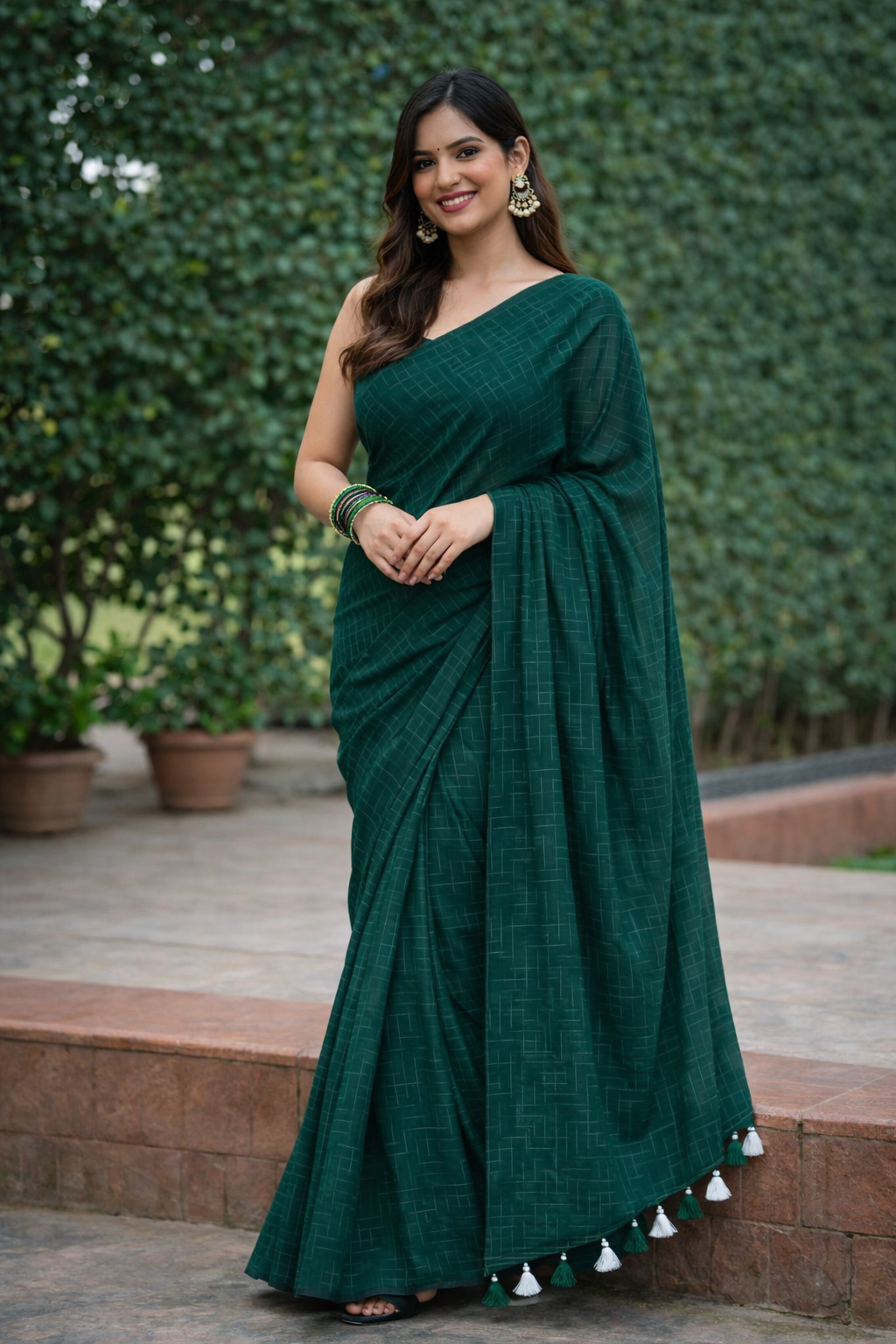 Playful Emerald -Handwoven Cotton saree with Tassels