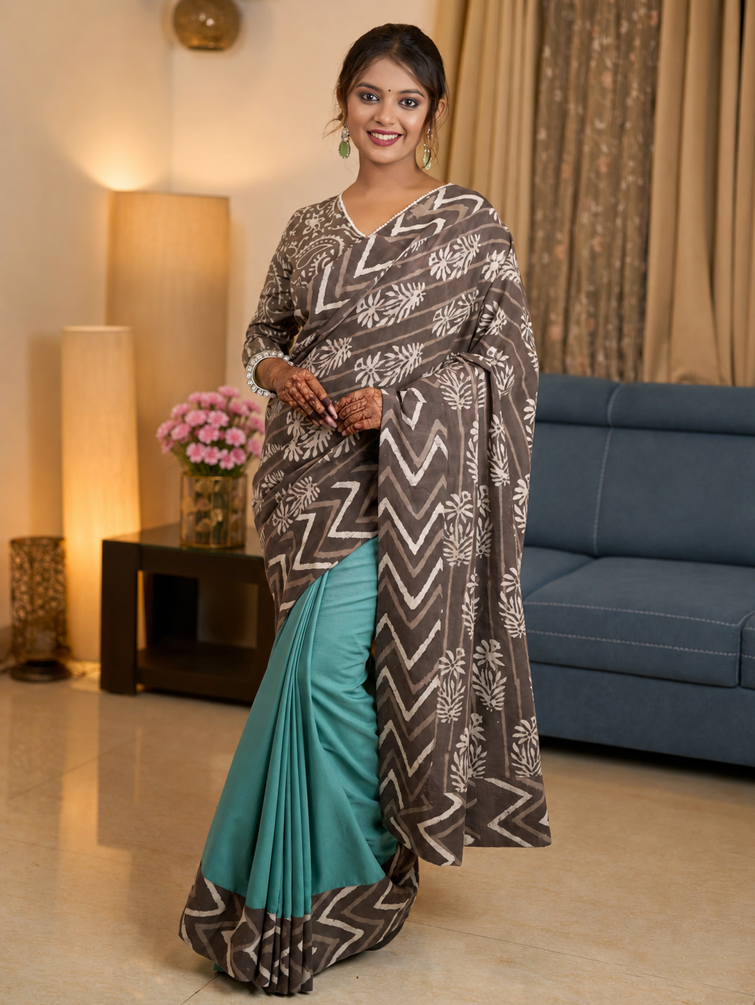 Powder Blue Bagru Fusion Delight Cotton Saree