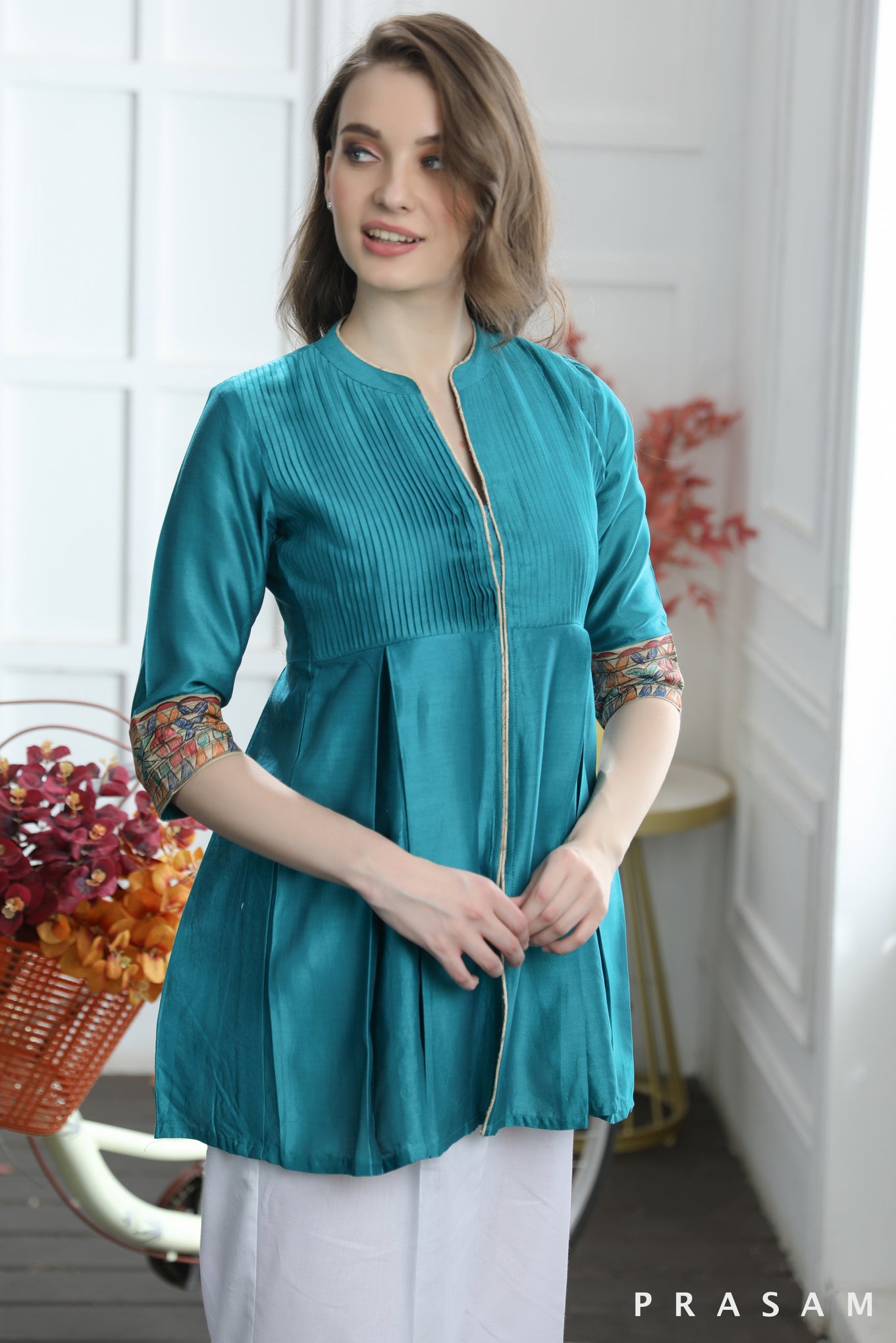 Radiant Teal Tunic Beautiful Chanderi Teal Tunic With Pintucks And Madhubani Trims