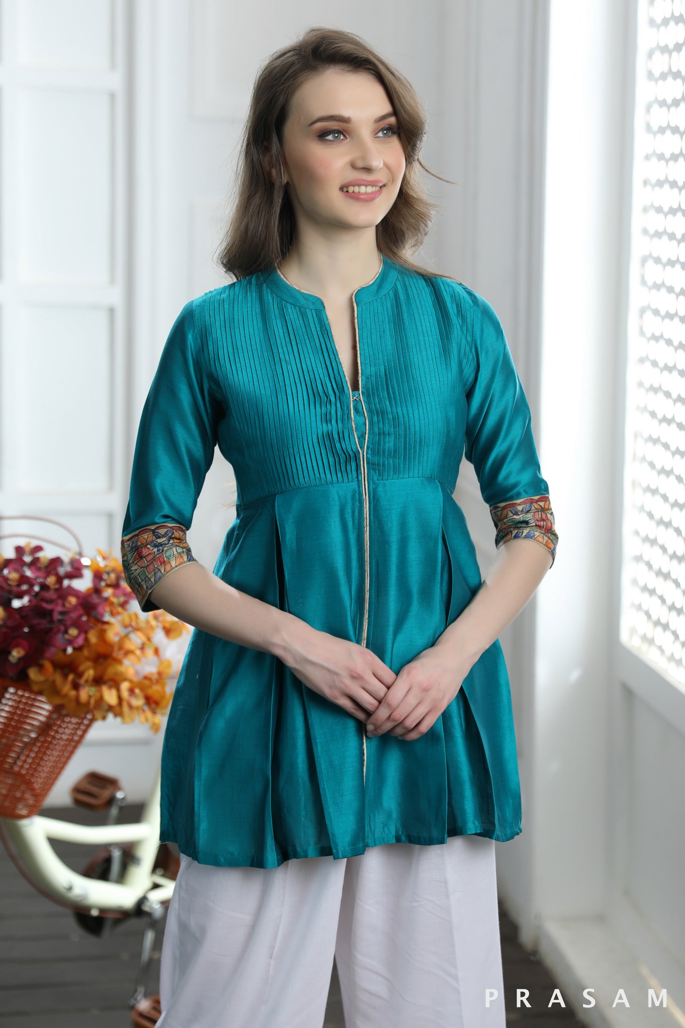 Radiant Teal Tunic Beautiful Chanderi Teal Tunic With Pintucks And Madhubani Trims