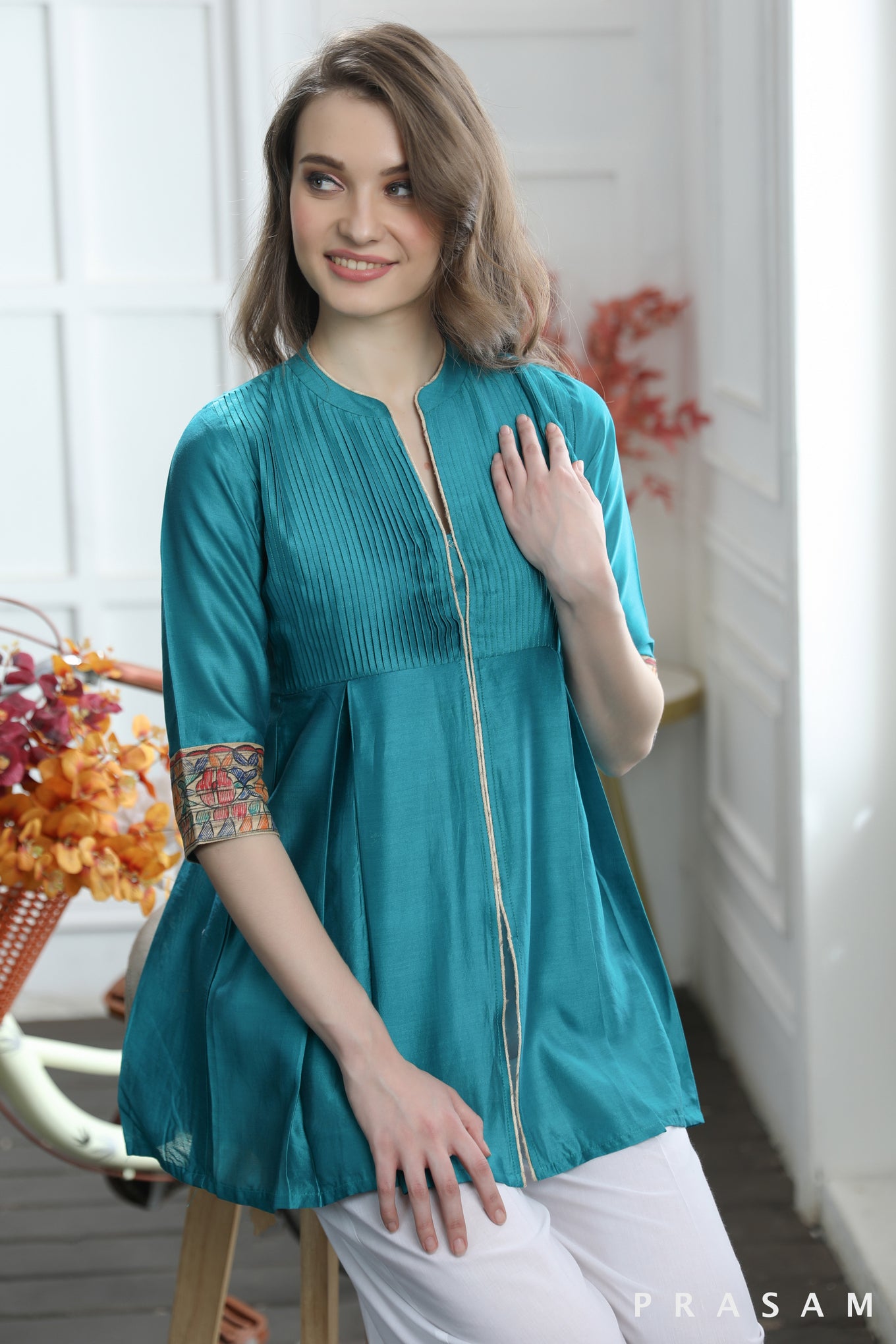 Radiant Teal Tunic Beautiful Chanderi Teal Tunic With Pintucks And Madhubani Trims