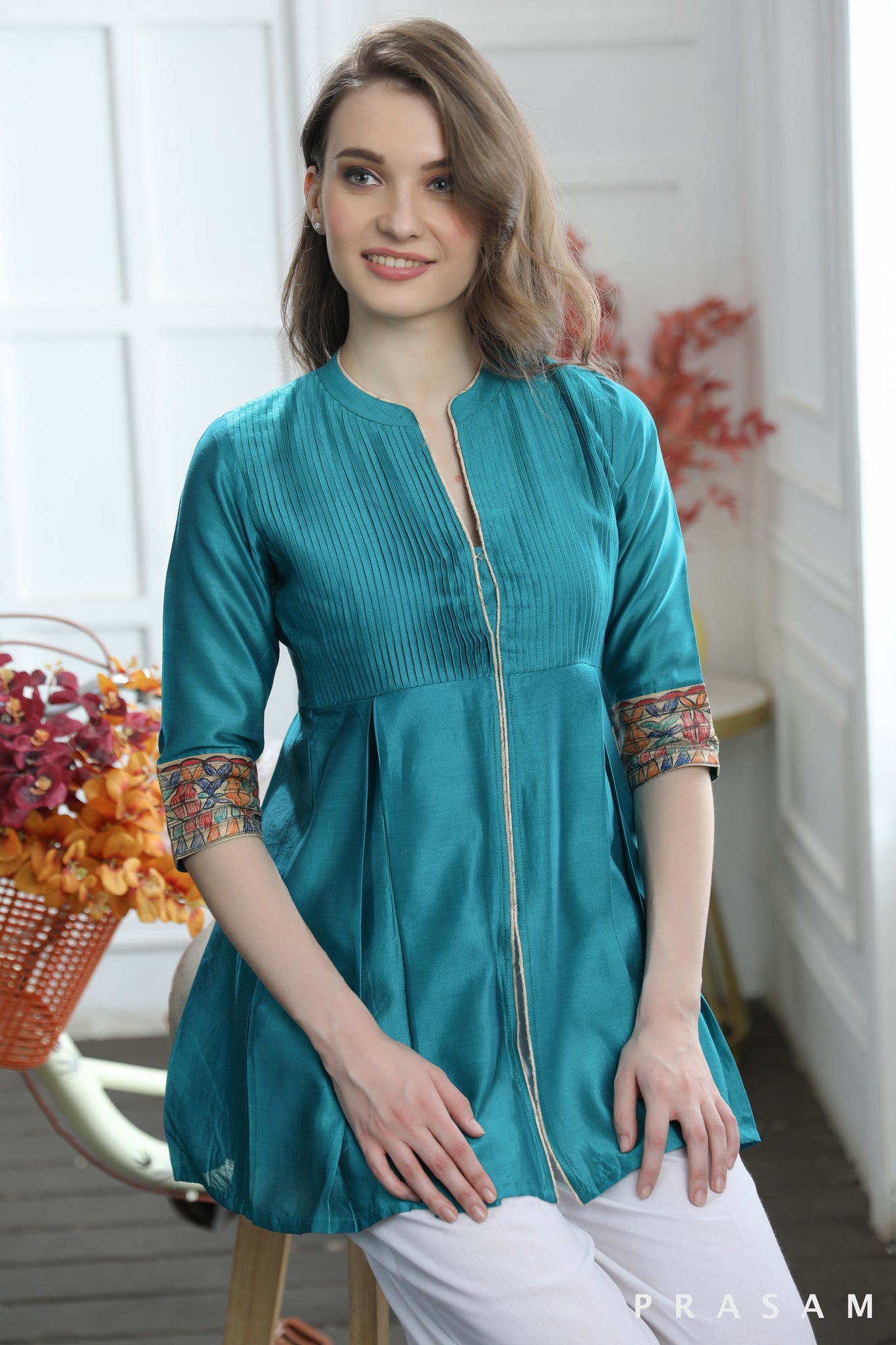 Radiant Teal Tunic Beautiful Chanderi Teal Tunic With Pintucks And Madhubani Trims