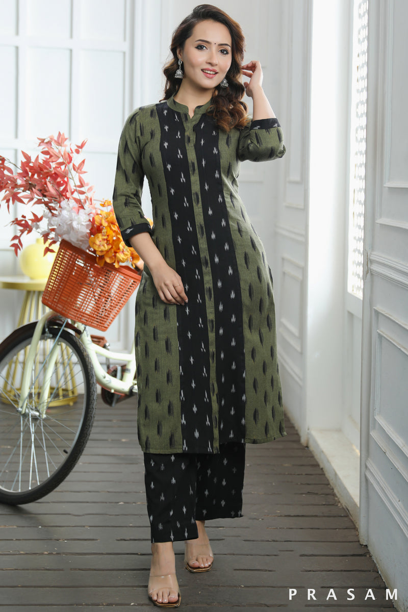 Aaradhya Classy Mehandi Green And Black Cotton Handloom Ikat Combination Kurti (Optional Pants)