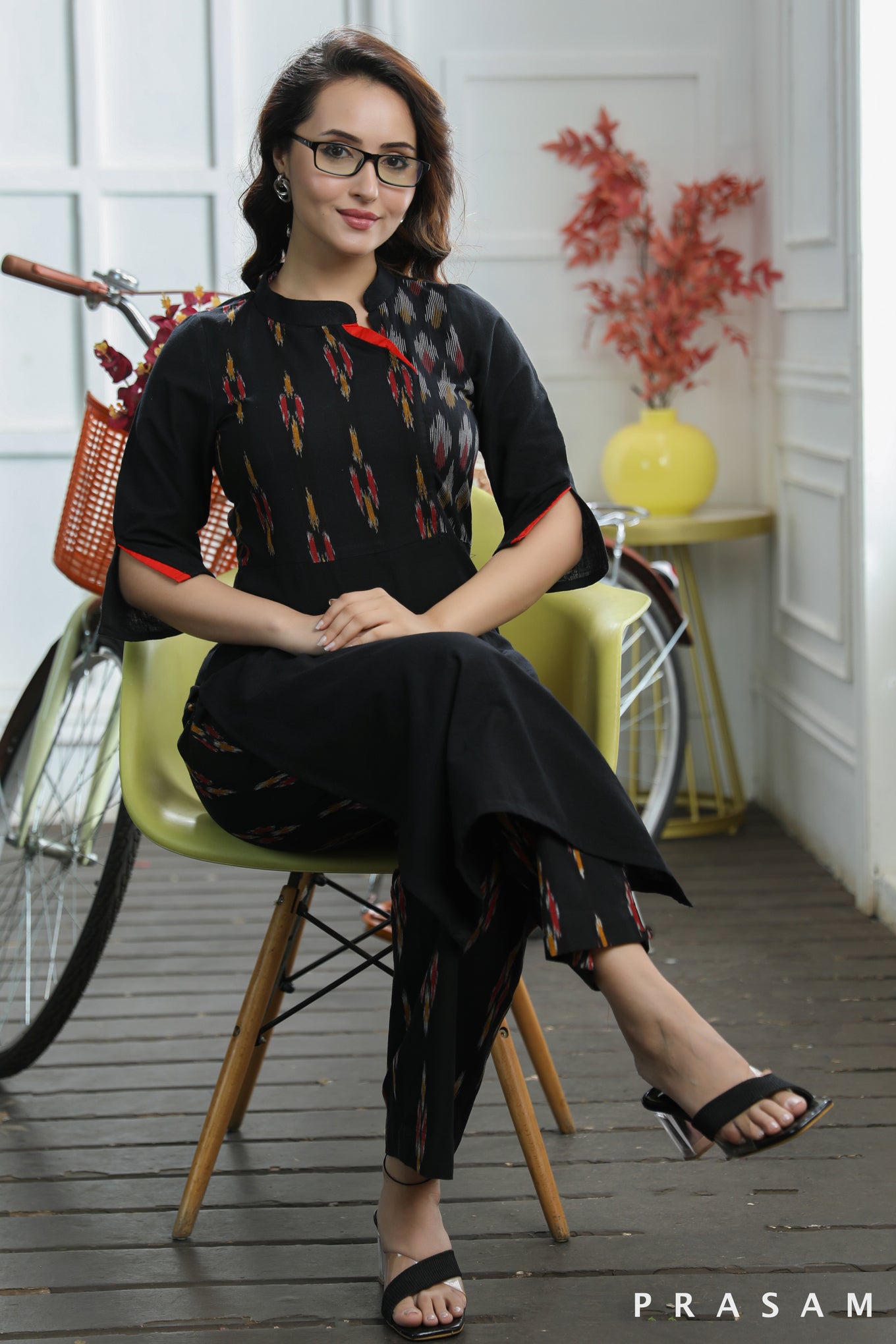 Aurora Modern Black Handloom Cotton Kurti With Ikat Infusion (Optional Pants)