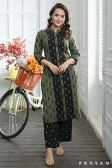 Aaradhya Classy Mehandi Green And Black Cotton Handloom Ikat Combination Kurti (Optional Pants)