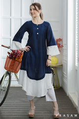Nisha Classic Chanderi Silk Navy Blue And White Combination Kurti (Optional Pants)