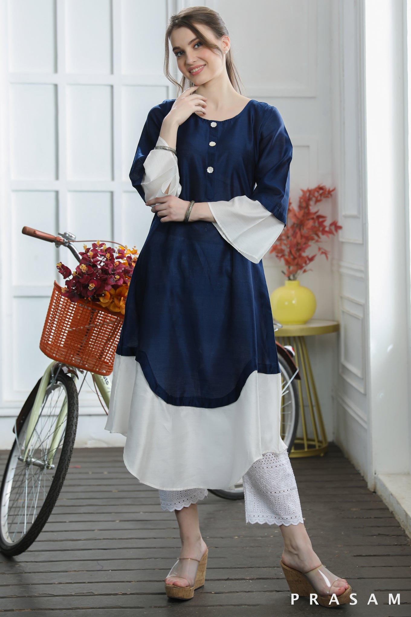 Nisha Classic Chanderi Silk Navy Blue And White Combination Kurti (Optional Pants)