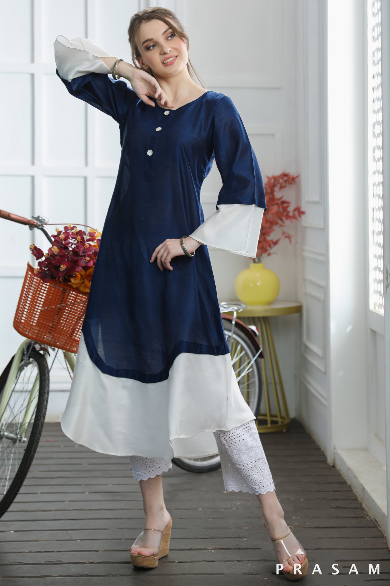 Nisha Classic Chanderi Silk Navy Blue And White Combination Kurti (Optional Pants)