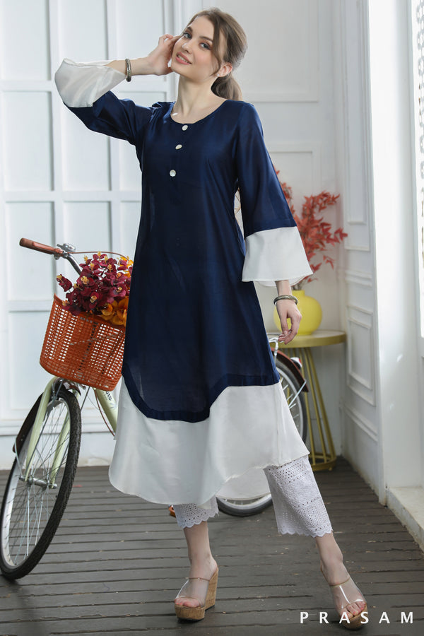 Nisha Classic Chanderi Silk Navy Blue And White Combination Kurti (Optional Pants)