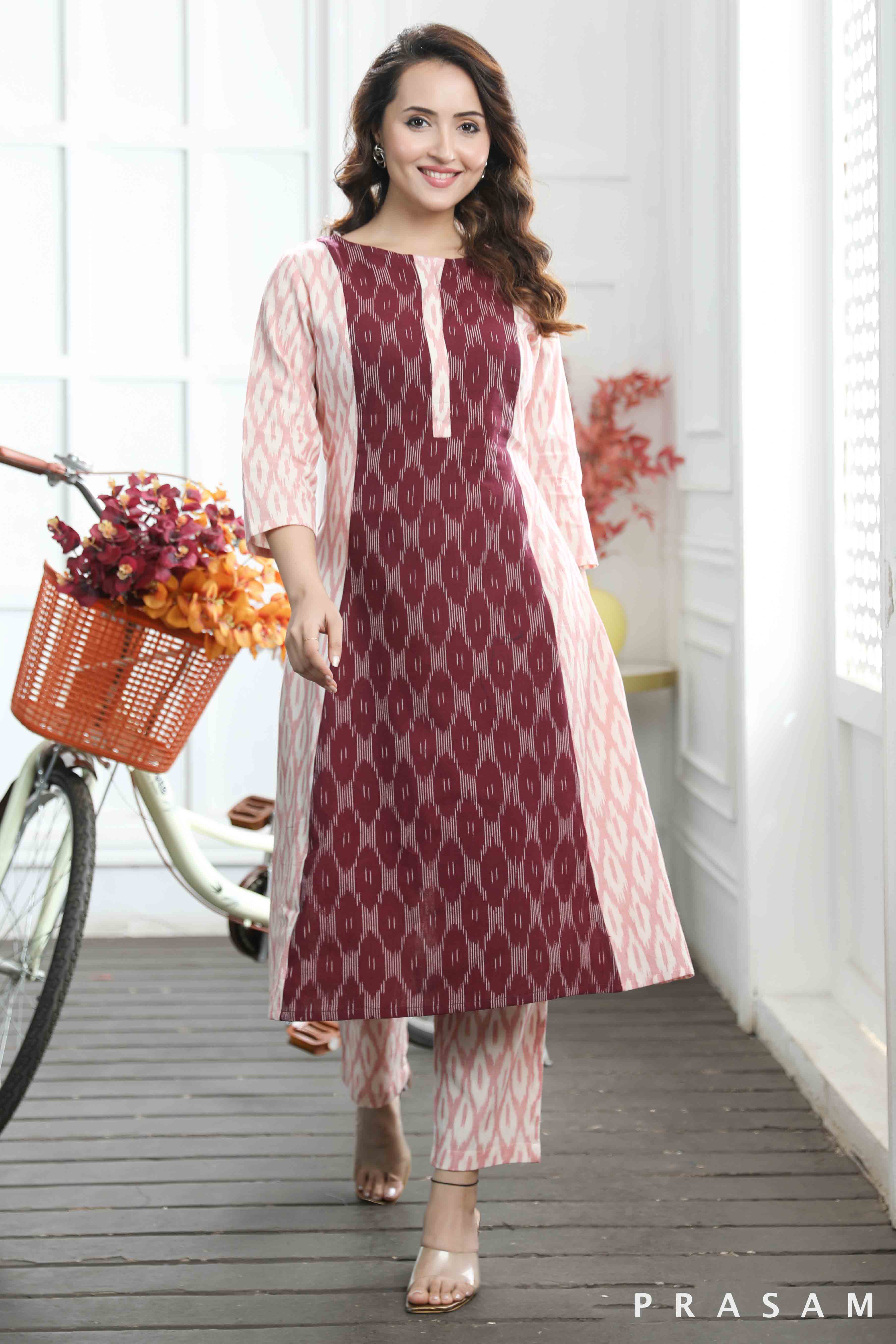 Esha- Comfort Fit A-line Pink And Maroon Combination Ikat Kurti (Optional Pants)