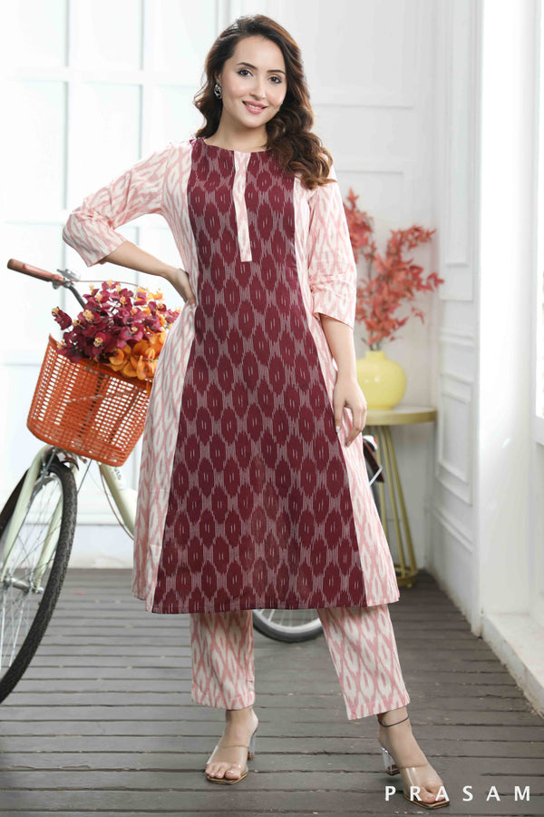 Esha- Comfort Fit A-line Pink And Maroon Combination Ikat Kurti (Optional Pants)