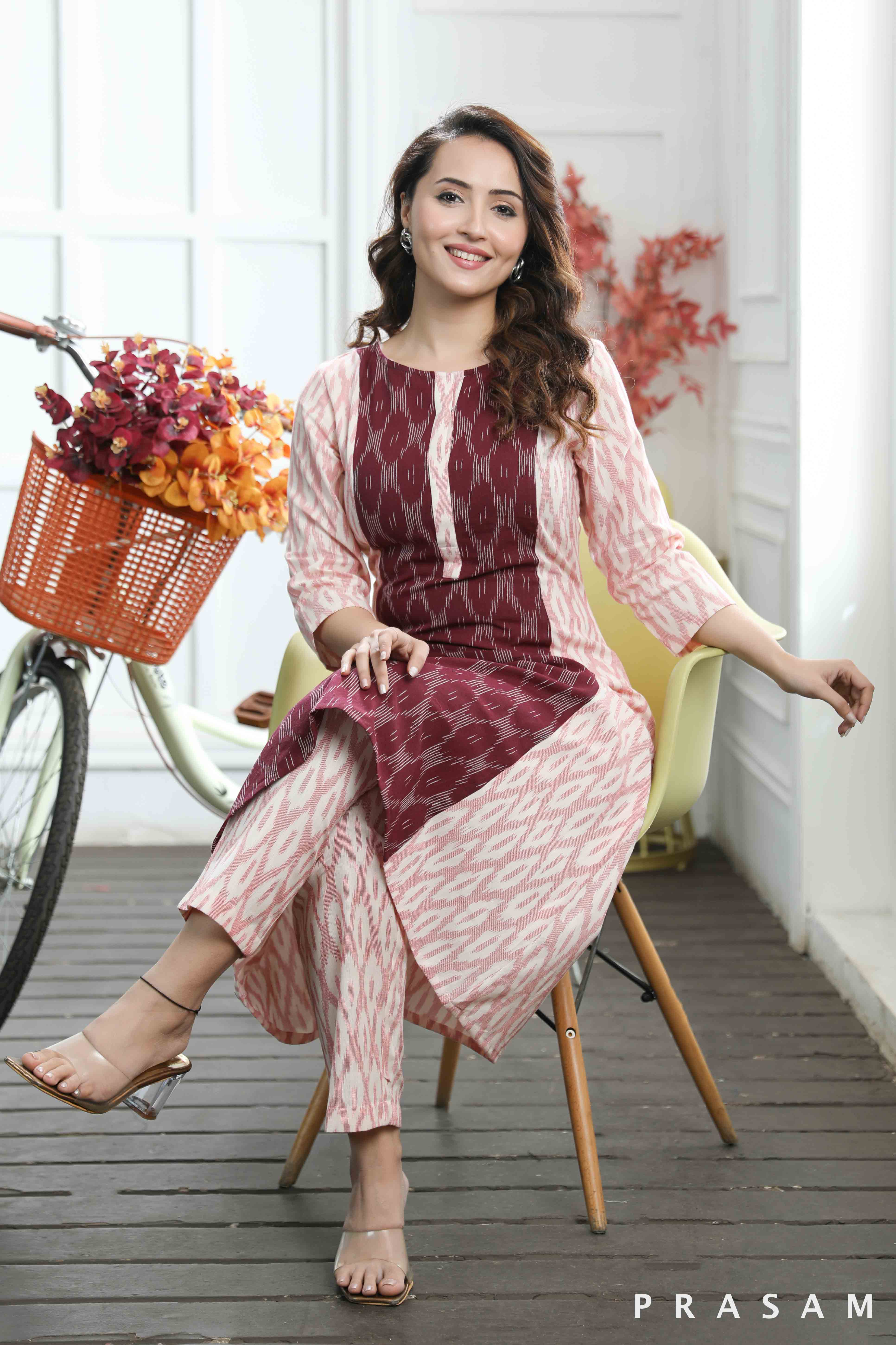 Esha- Comfort Fit A-line Pink And Maroon Combination Ikat Kurti (Optional Pants)