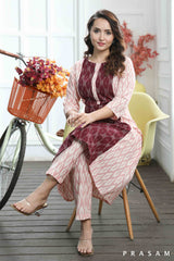 Esha- Comfort Fit A-line Pink And Maroon Combination Ikat Kurti (Optional Pants)