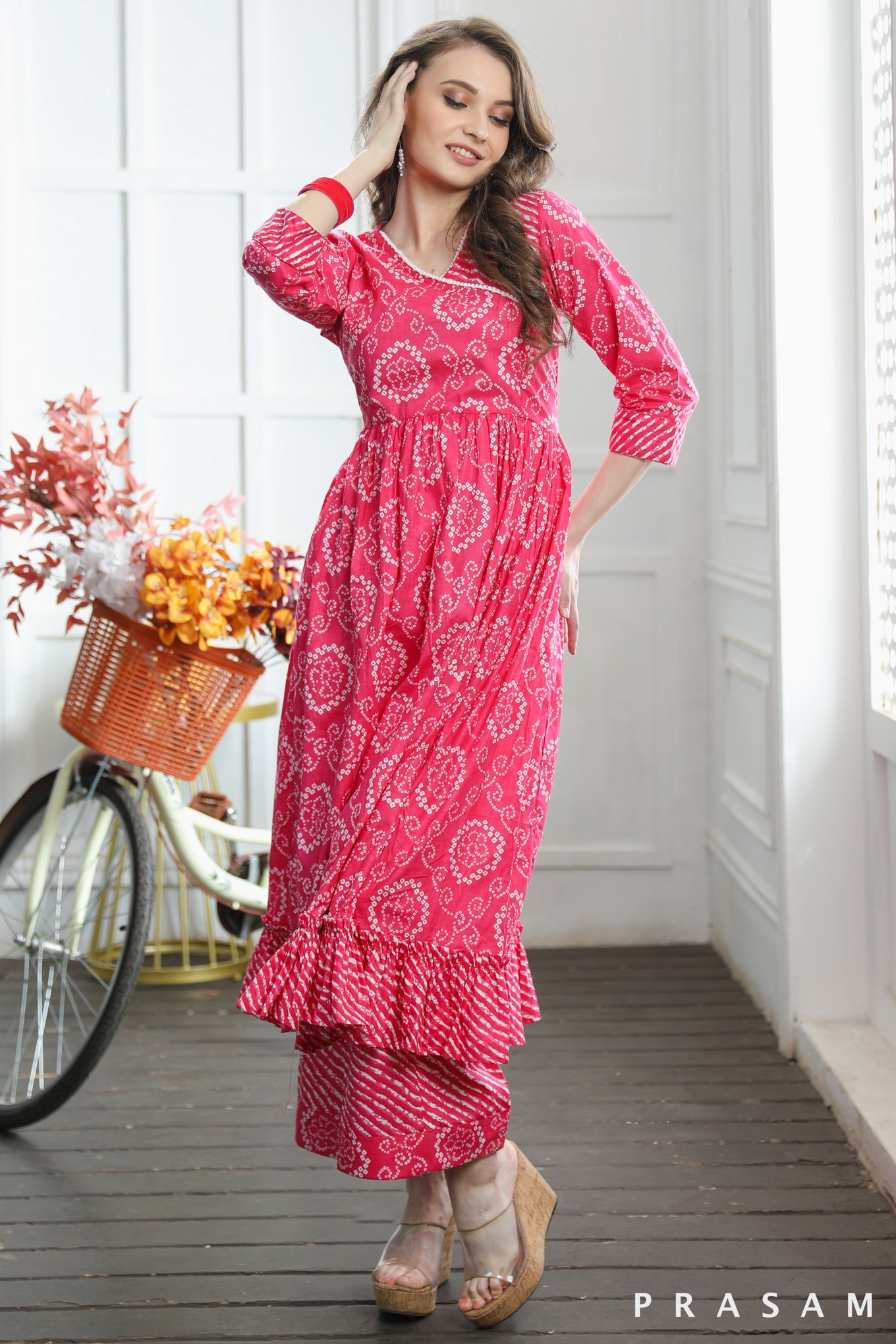 Sushi Sassy Flared Rani Pink Jaipuri Cotton Kurti-Salwar Set With Lace Trims