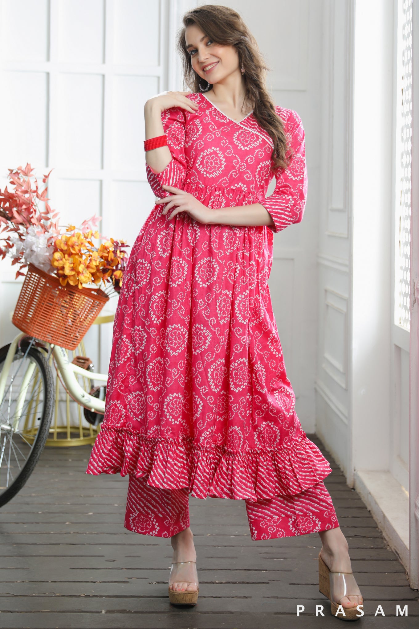 Sushi Sassy Flared Rani Pink Jaipuri Cotton Kurti-Salwar Set With Lace Trims